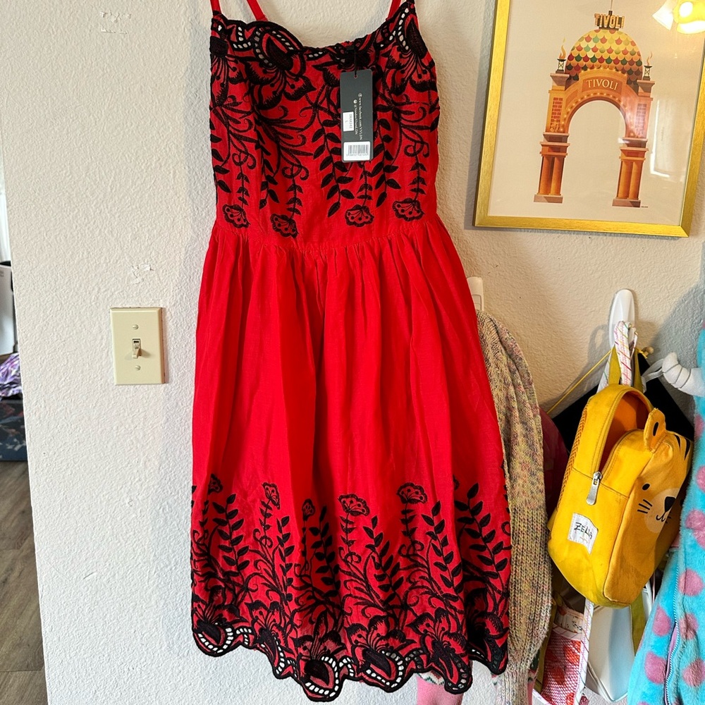 Voodoo Vixen L Red and Black Embroidered Midi Dress NWT